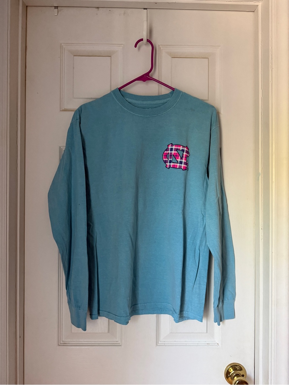 Blue 84 UNC Tar Heels Long Sleeve T-Shirt Carolina Blue Plaid Logo Medium